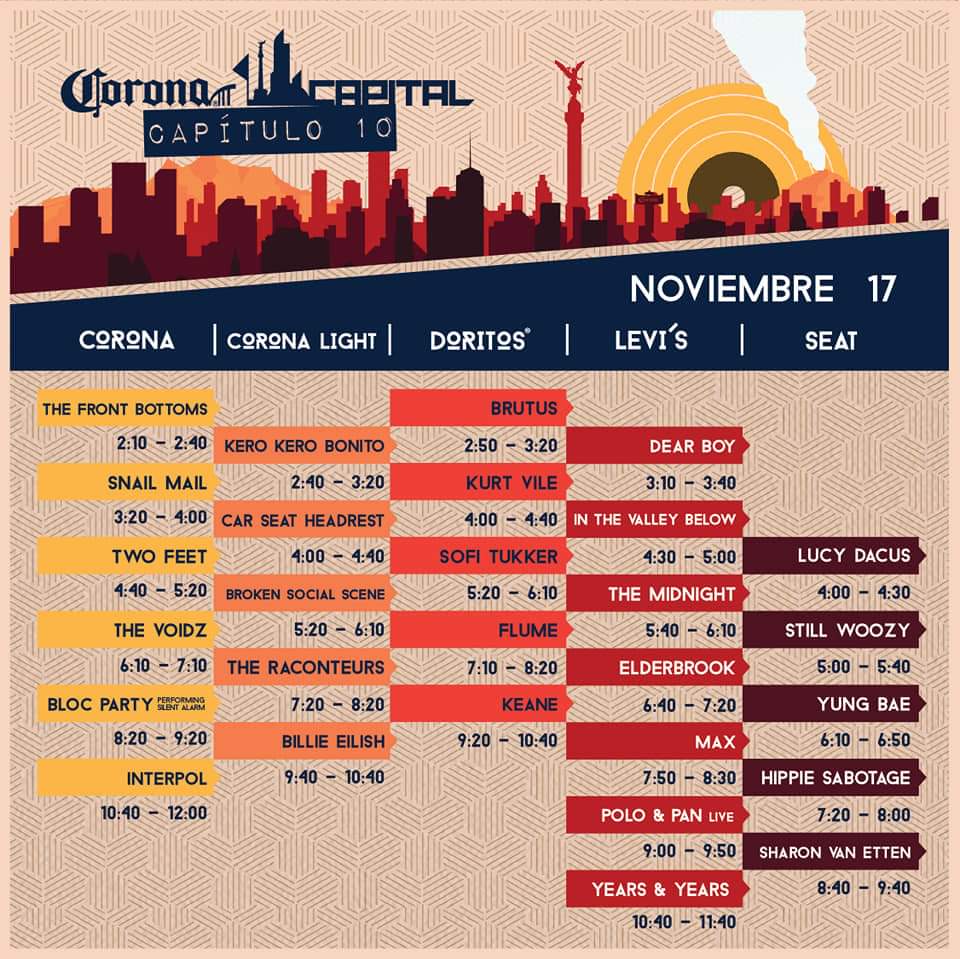 RevistaLikeMx's tweet photo. ¡El capítulo #10 del #CoronaCapital está a la vuelta! ¿Ya tienen sus boletos? 
Les dejamos las fechas y los horarios de las bandas. 

Noviembre de Billie Eilish, Keane, The Strokes; 16 y 17 de Noviembre #Ocesa #CoronaCapital19 https://t.co/nt3zMmMqWa