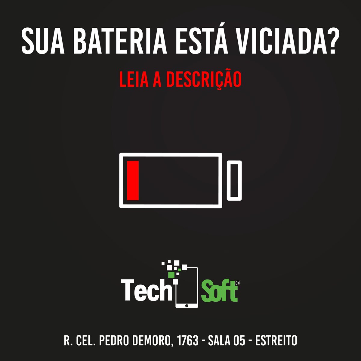techsoft_sc's tweet image. Você tira o celular da tomada 100% carregado e a bateria acaba em pouco tempo?
⠀
Isso é um sintoma claro de problema na bateria, provavelmente ela está viciada.

Nos envie uma mensagem informando o modelo do seu celular para receber um orçamento.