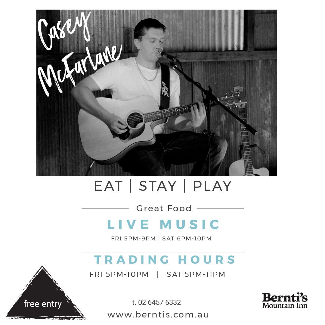 BerntisInn's tweet photo. Get your live music fix in the heart of Thredbo, with Casey McFarlene bringing solid live tunes all the way from Bathurst Central West NSW, to Bernti’s WOOOWWWW! 🤩

See him live this Friday from 5pm &amp; This Saturday from 6pm. 😍

See you there at Bernti’s. 🤫 https://t.co/MLaeNaaE99