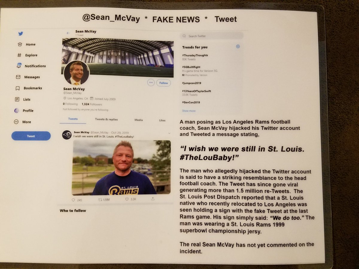 Had some fun with our outstanding @MTSU_SOJ students on Halloween. Took the opportunity to teach them about verifying what you find on social media. #Photoshop It helps that they all think you look like the real <a href="/Sean_McVay/">Sean McVay</a> #FakeNews