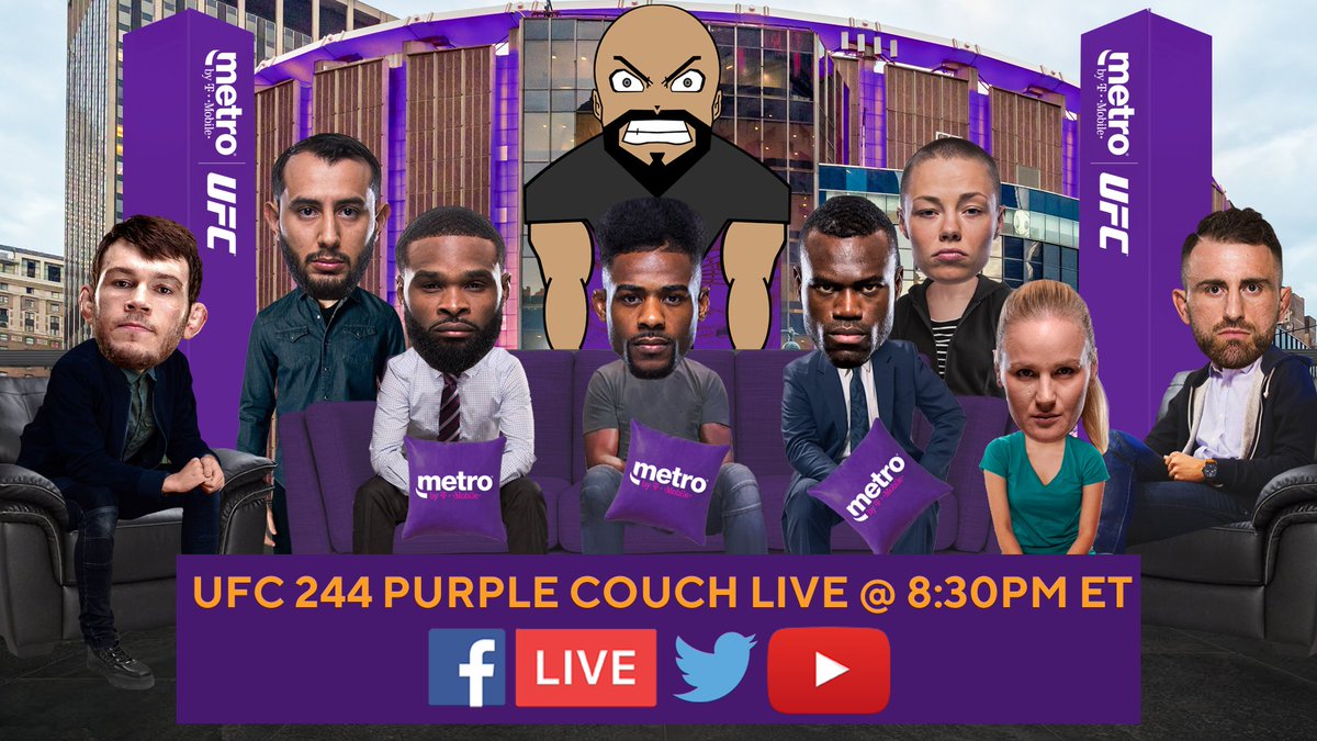 TommyToeHold's tweet photo. Saturday @ 8:30PM ET I'm hanging out with @ForrestGriffin &amp; these awesome fighters on @MetroByTMobile’s Facebook, Twitter &amp; YouTube for the #UFC244 Metro by T-Mobile Purple Couch! Come watch the best fighters in the game talk about the biggest card of the year! #KnockoutCoverage https://t.co/NE2cyMGYNl