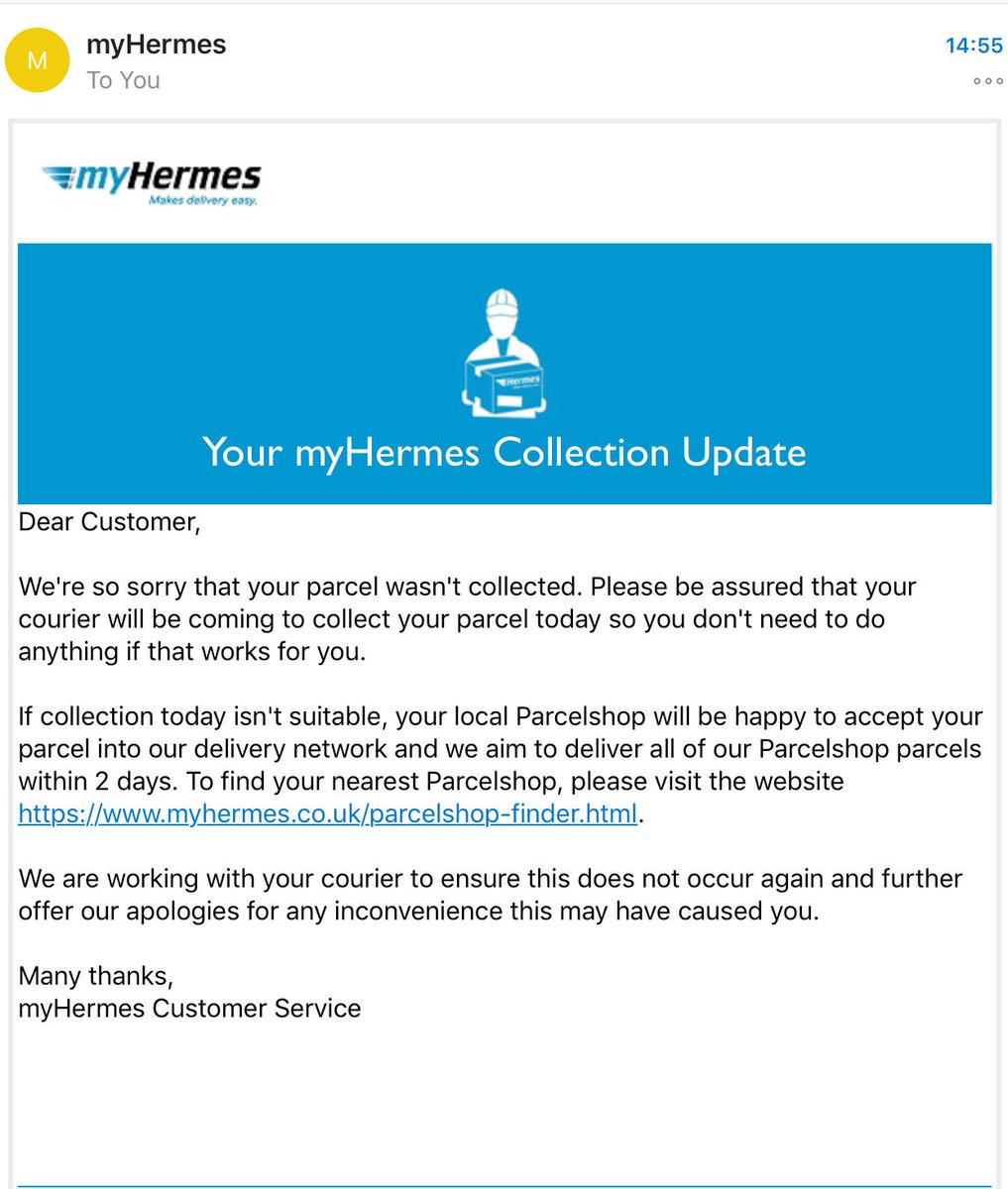 AidersD's tweet photo. ⁦@Hermesparcels⁩, having received this message on Monday, Tuesday, Wednesday and today, is there any danger of you actually collecting my parcel?

I’m beginning to think there is a higher probability of of Brexit being resolved. https://t.co/UHJzpSrX1s