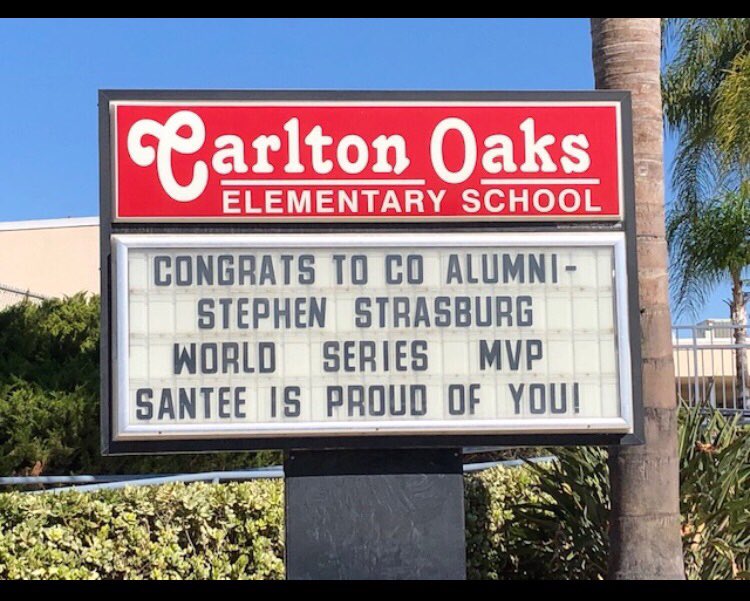I also went to to Carlton Oaks, West Hills &amp; SDSU. So cool that the school I now teach at is recognizing Strasberg this way! Our students have an amazing role model! <a href="/SSDCOaks/">Red Hawks</a> <a href="/Nationals/">Washington Nationals</a> #santeesd #AztecForLife