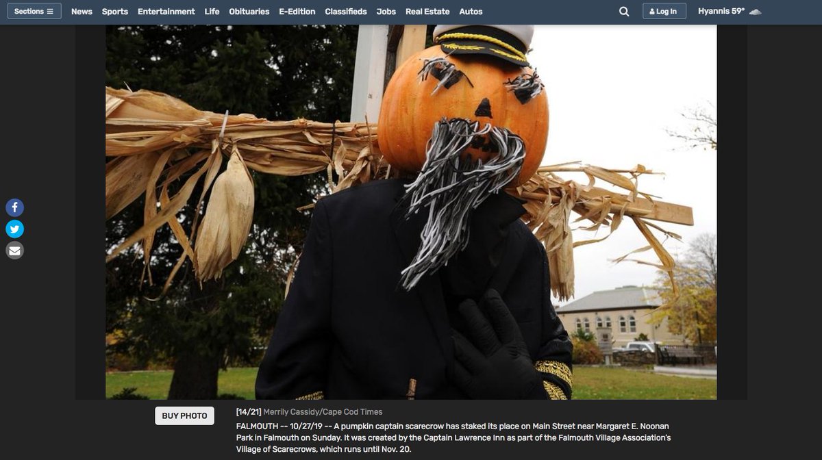 75Locust's tweet image. Boo!  A spooky Captain Lawrence greets @capecodtimes readers as he stands watch over Falmouth's Village Green.  #halloween #capecod #falmouthma 

Happy Halloween from
