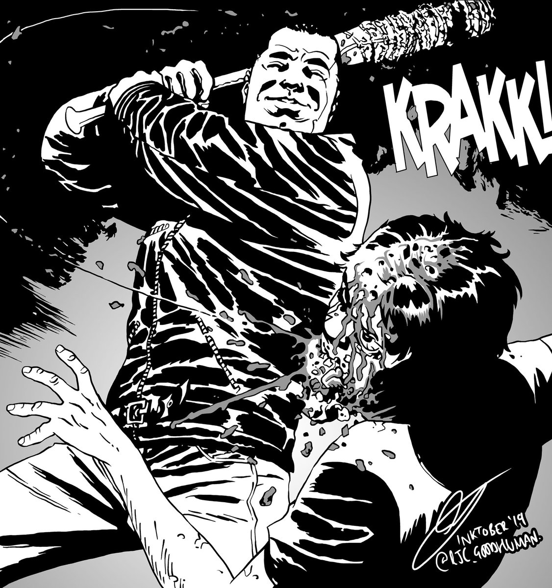 Inktober day 31 - Ripe. Nice tenuous link for this one! Ripe got me thinking of melon which then led to poor Glenn getting his melon smashed #inktober #inktober2019 #ripe #thewalkingdead #negan #glennrhee #eenymeenyminymoe #comics #inking #ink #illustration #linework #digitalart