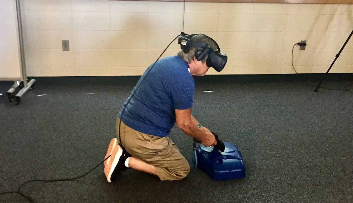 ebraun14's tweet photo. District Health Services Coor. Karen Schwind is SOLD on the effectiveness of @dualgoodhealth 's Basic Life Support training simulation with our @htcvive Pro! Next up...Curriculum, then (hopefully) on to our Ss. #ARVRinEDU is about to explode. Let's save some lives!#tec21 #edtech https://t.co/L0wIY4urcN