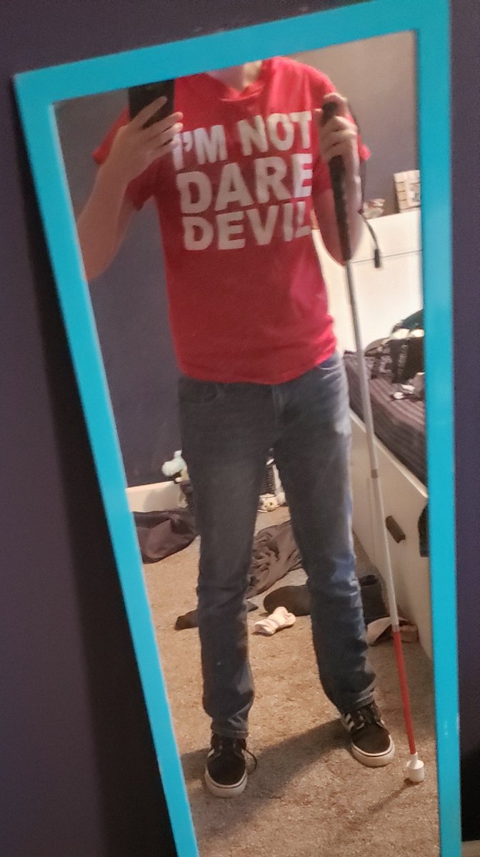 blindballetboy's tweet photo. Happy halloween!
[ID: Several pictures of me, a blind teenage boy, wearing a shirt that says "I'm not Daredevil" with my cane.] #WhiteCane #halloween2019 #actuallyBlind #blindness https://t.co/QLs1ITHW1d