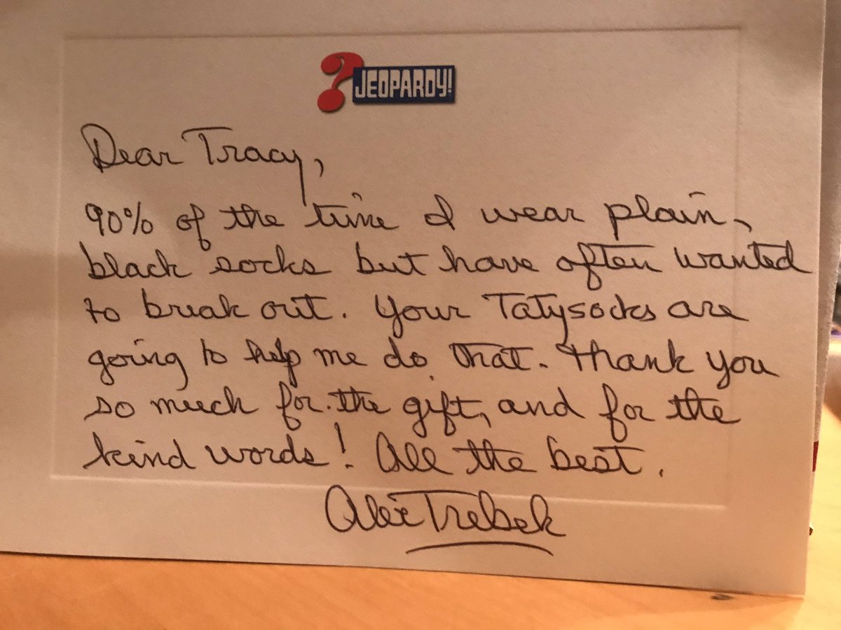As <a href="/AlexTrebek/">Alex Trebek</a>  <a href="/jeopardy/">Jeopardy!</a> is continuing to battle cancer, I decided to send him a pair of TatySocks to warm both his feet and his heart. Today I received this note. #jeopardy #alextrebek #tatysocks #defeetingcancertwosocksatatime #nolan #firetrucks #cancersucks #jimmyfund #dfmc