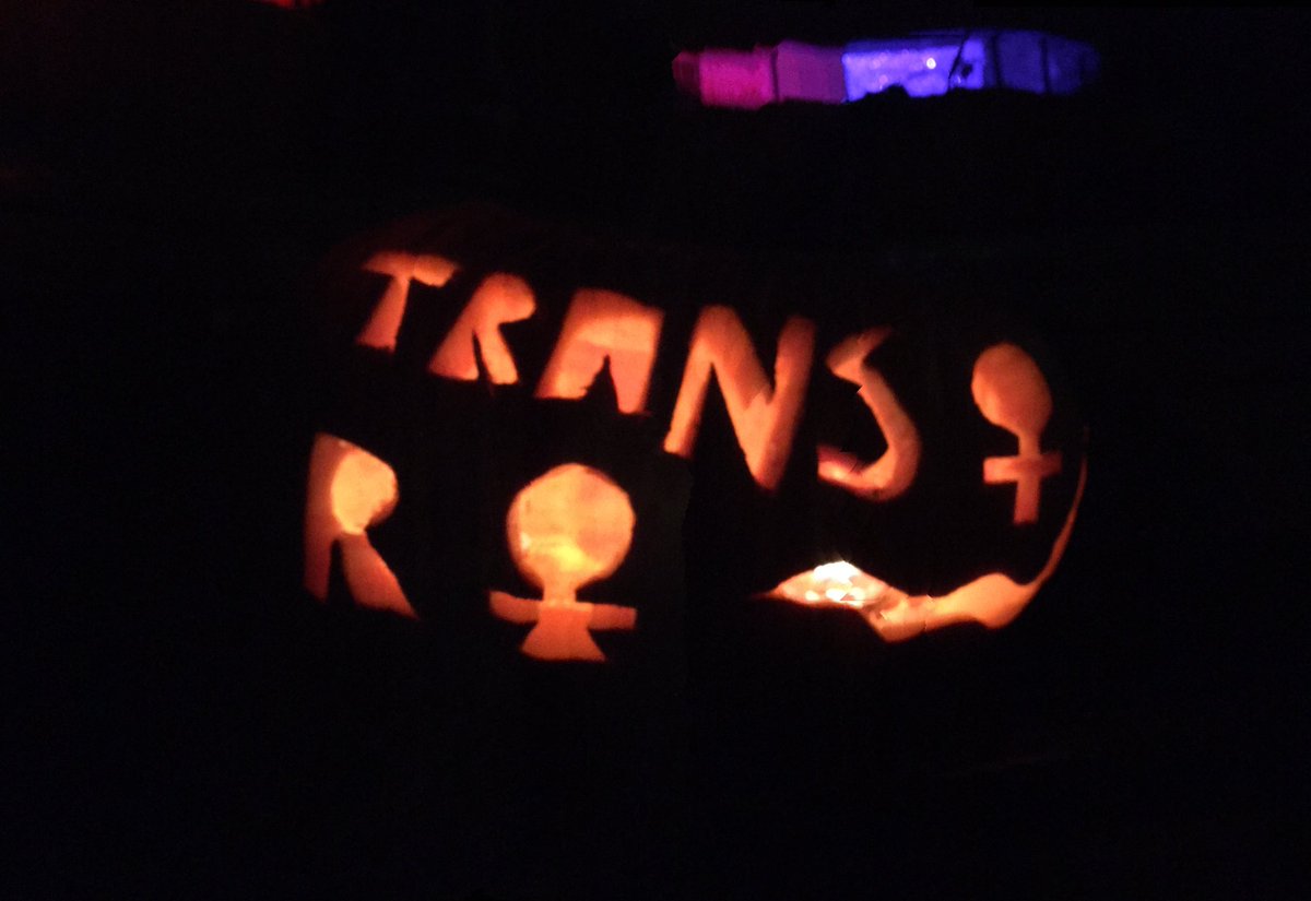 ZGBSNewman's tweet photo. My best effort at pumpkin carving. It was a bit hard to fit on a curved surface…but it says trans women are women. #TakeBackTPL https://t.co/GTC6ykxqwc