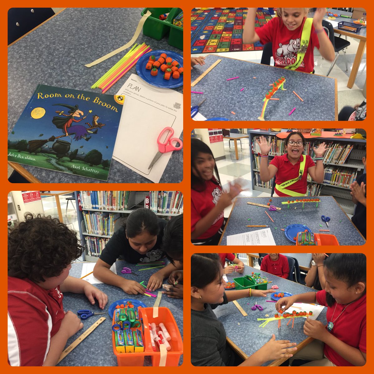 GoodmanBesece's tweet image. STEMtober fun with “Room on the Broom”. Construct a broom with only 8 straws and a foot of tape, 3” off the table. How many pumpkins can you fit? @Bryan_Bulldogs @hubofschool @AchievementSch @TampaBaySTEM #notthateasy   #plan #construct #reevaluate