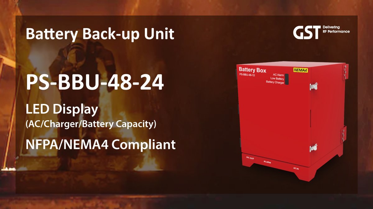 GST introduces its Battery Backup Unit that provides an immediate, uninterruptable backup power to public safety BDA and DAS without any downtime main power is restored.

Learn more about Public Safety Solutions here: gsteletechinc.com

#PublicSafety #FirstNet #DAS