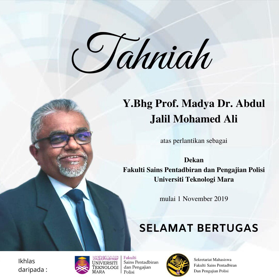 smfscpolicy's tweet photo. Sekalung tahniah kepada Y.Bhg Prof Madya Dr. Abdul Jalil Mohamed Ali atas perlantikan sebagai Dekan Fakulti Sains Pentadbiran dan Pengajian Polisi. https://t.co/FQgiE3aQgL