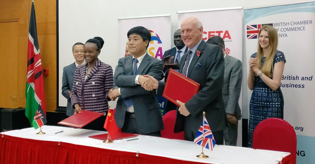 britchamken's tweet photo. The signing of the second MOU between @KEPSA_KENYA @britchamken and @KenyaChinaETA witnessed by British High Commissioner @JaneMarriottFCO and Ambassador Wu Peng #kceta #trade #investment #KenyaChinaUK @GrahamShawMBE @Faridaabbas17 https://t.co/4ti4E75nLI