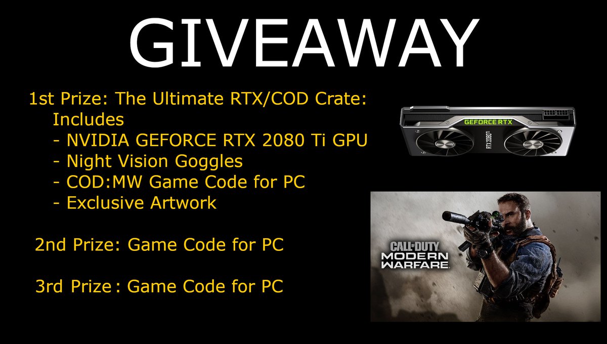 We're giving away the incredible RTX/COD crate, containing an RTX 2080Ti GPU and amazing COD:MW goodies + game keys!
To win, follow us, retweet, and reply with hashtags #RTXON, #TEAMGREEN and your country! We want to celebrate how global PCMR is! We'll pick 3 winners next week!