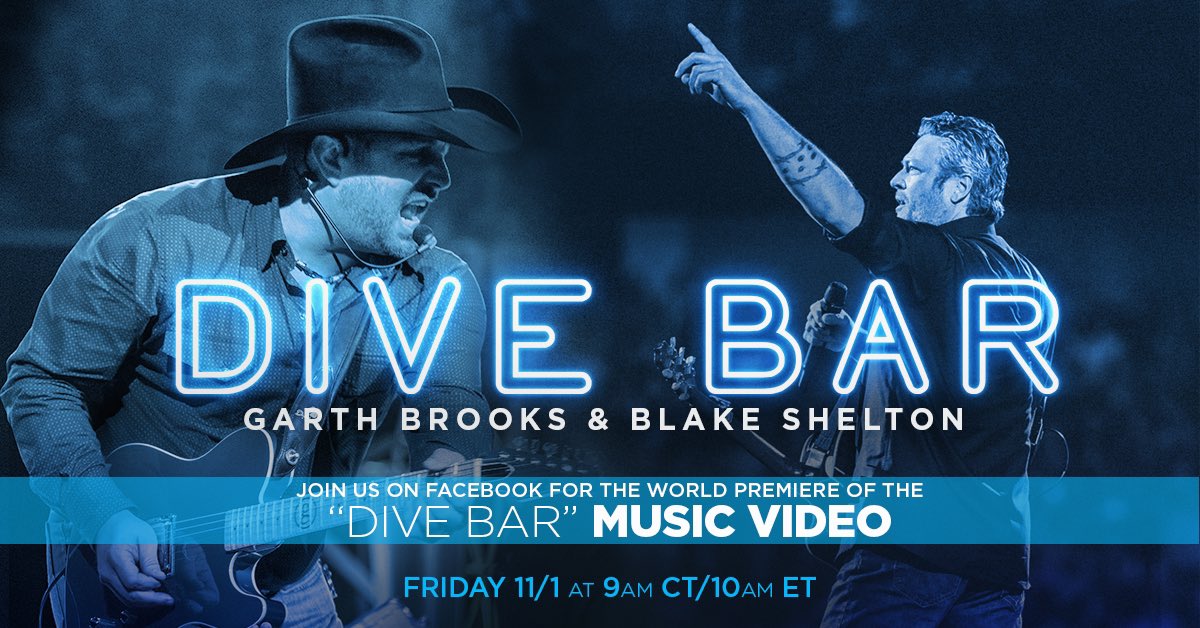 blakeshelton's tweet photo. Tomorrow. 10AM ET. Join me and @garthbrooks for the world premiere of the #DiveBar official music video on @facebook! https://t.co/PN6PCUMLKp