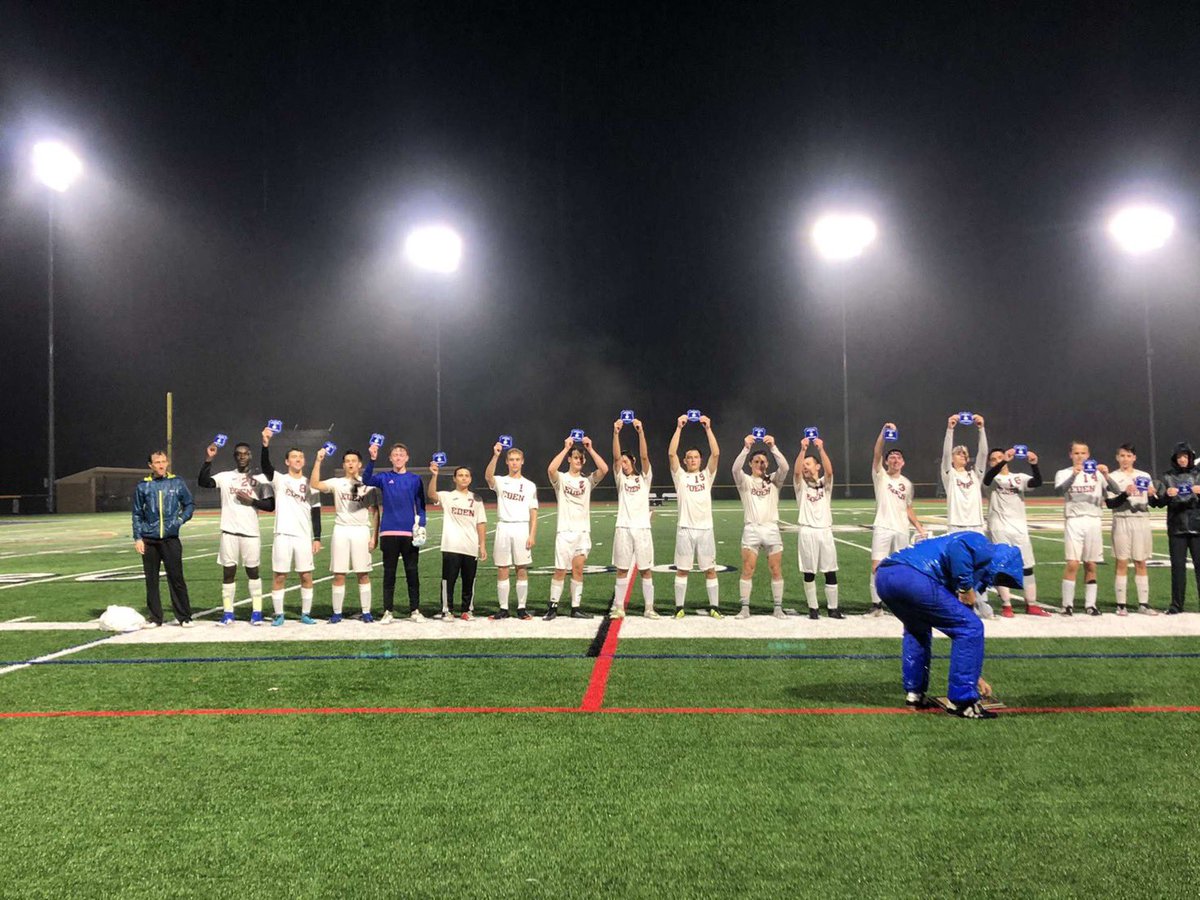 EdenVarsity's tweet photo. Eden makes a name for themselves tonight claiming the first Sectional title in SCHOOL HISTORY‼️ Smiles were not hidden after the game. Boys are proud to bring this home for the school. #RollRaiders @EdencsdAthletic @IcingTheFed @sportsunionwny @SectionVI @cpdesi1 https://t.co/v73TqUgRRF
