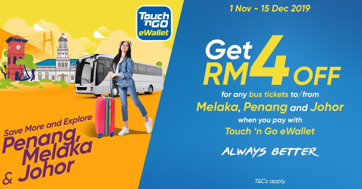 Easybook_com's tweet photo. Get your bus tickets by using Touch ‘n Go eWallet on Easybook and enjoy up to RM4 off on any bus tickets for trips to and from Melaka, Penang as well as Johor from this 1st November till 15th December! today. T&amp;C applies. #easybook #touchngo #ewallet #bus #ticket https://t.co/MyOj53hCZd