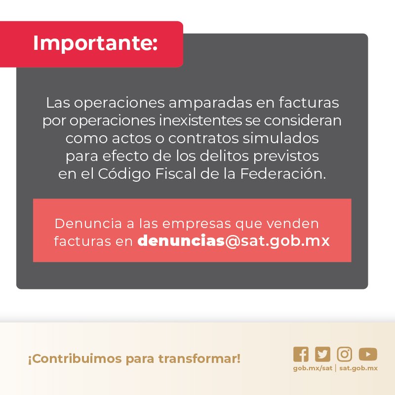 SATMX's tweet photo. Valida que tus facturas no hayan sido emitidas por una empresa que simula operaciones. 

Consulta aquí el listado de contribuyentes con operaciones inexistentes 👇 https://t.co/0WyZxIxAq8