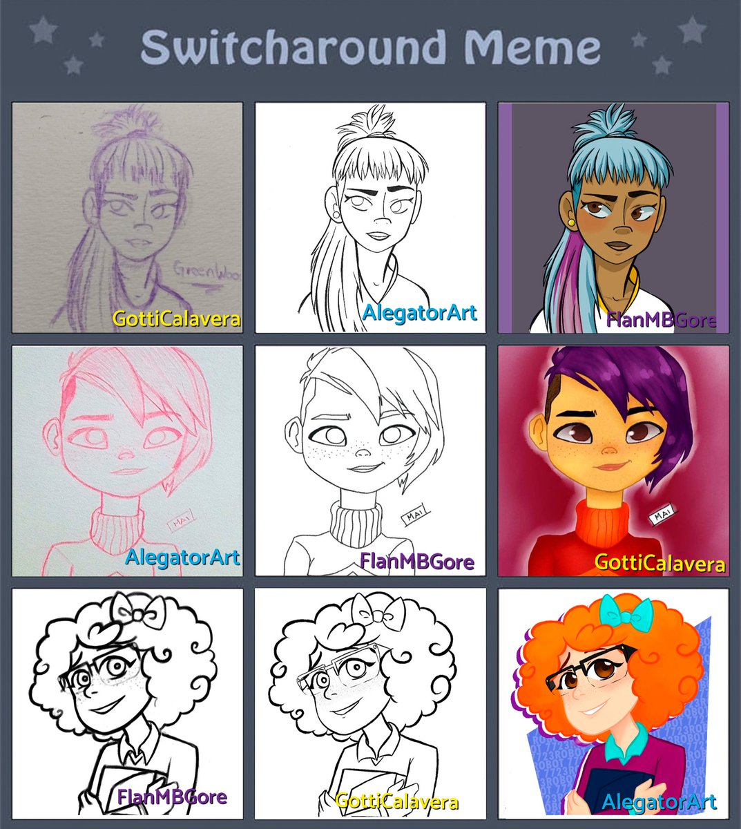 GottiCalavera's tweet image. Al fin terminado... Hice este #switcharoundmeme junto a @AlegatorArt 💖 y @FlanMBGore 💖  con los personajes de #robot7723