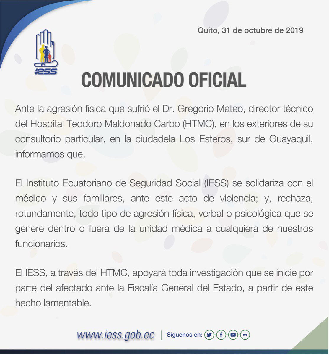 IESSec's tweet photo. #IESSComunicadoOficial | Ante la agresión física que sufrió el director técnico del Hospital @IESSHTMC, informamos. ⬇️ https://t.co/na428W9kfi