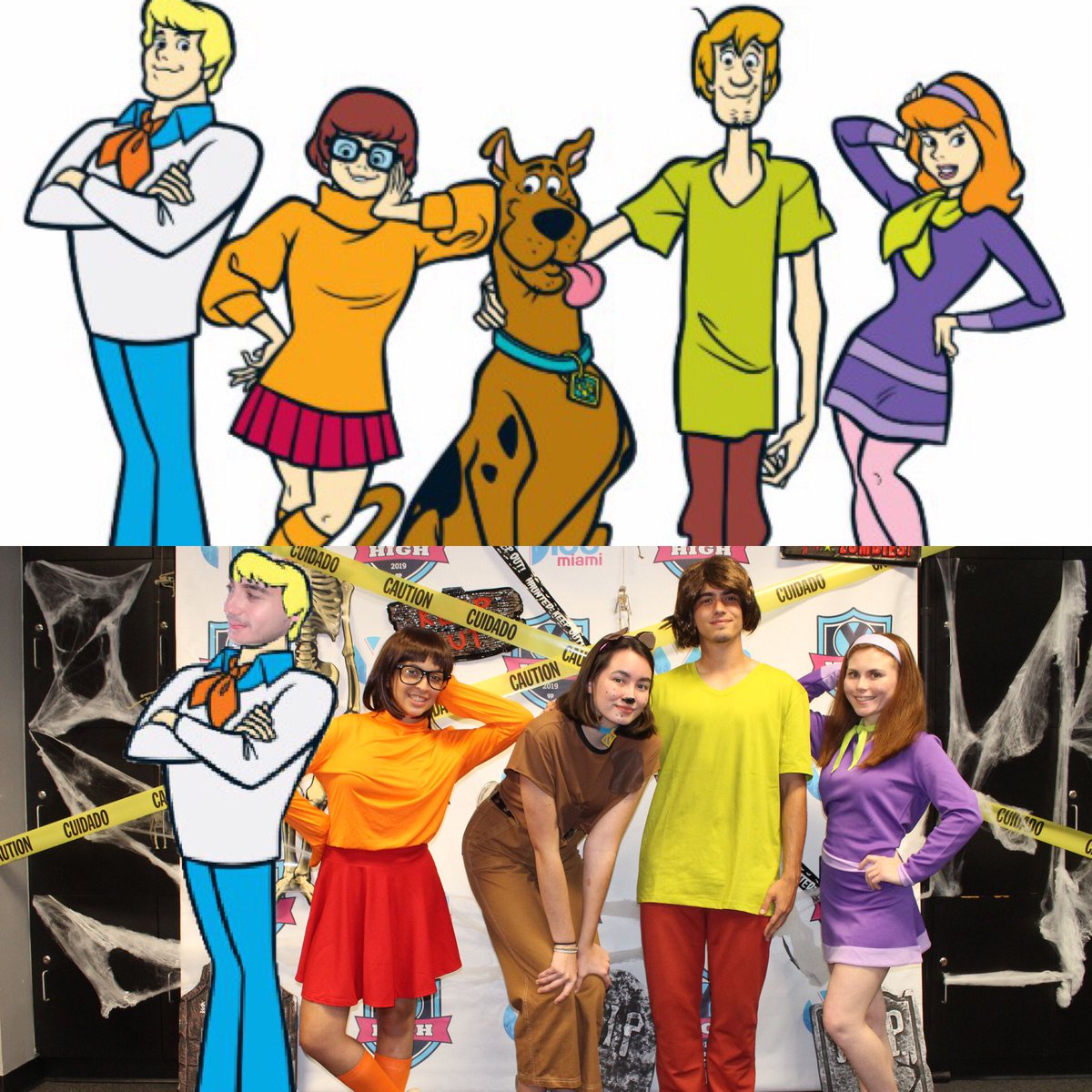 Y100MIAMI's tweet photo. Who wore it better? 🎃 Halloween at #Y100Miami with the #YHigh Mystery Gang from Cooper City High School! @ItsFrankieP almost forgot to dress up but he made it happen 😂 https://t.co/CdnsdYqP43