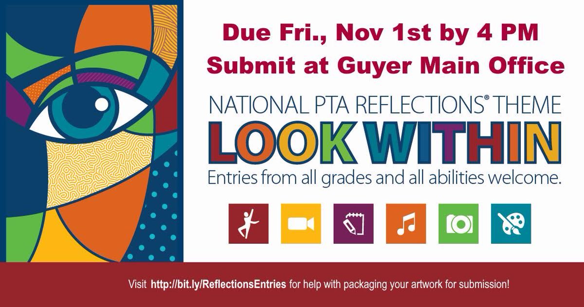 It's deadline time!! Submit your PTA Reflections artwork on Friday, November 1st, by 4 PM to Guyer Main Office. bit.ly/ReflectionsEnt… <a href="/GHS_Wildcats/">Guyer HS Wildcats</a> <a href="/dentonisd/">Denton ISD</a> <a href="/GHSPrincipal/">Kim Slusher</a> @DentonATC <a href="/GuyerHSStuco/">GHS Student Council</a>