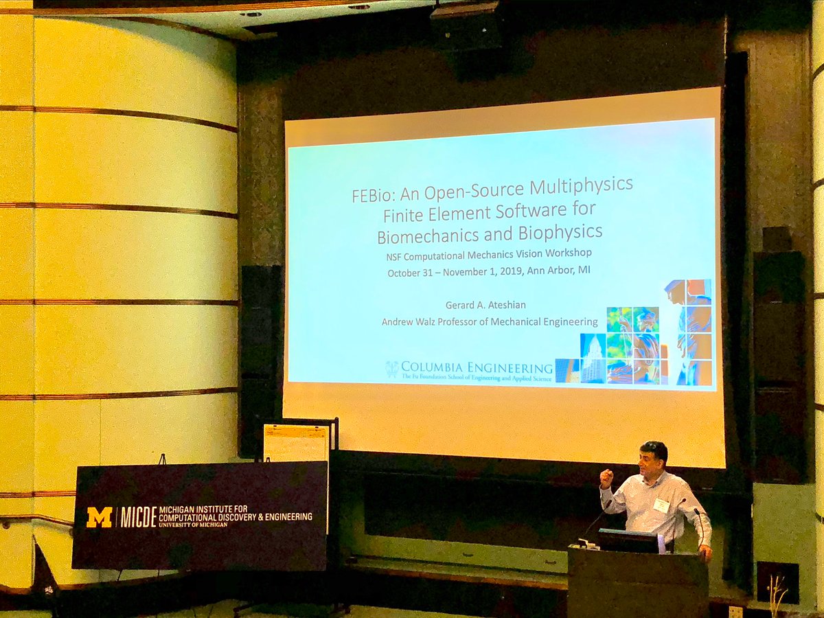 Ellen Kuhl @LivingMatterLab and Gerard Ateshian @CUSEAS & @FEBioSoftware promoting #ComputationalMedicine at the NSF Computational Mechanics Vision Workshop @NSF_ENG hosted by @UM_MICDE in Ann Arbor. Exciting discussions on the future of computational mechanics!