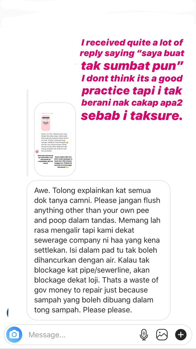 Surprisingly ramai rupanya yang basuh sanitary pad dengan buang kapas2 berdarah tu masuk dalam lubang jamban dan flush. Jangan buat mcm tu ye. Walaupun mungkin jamban tak tersumbat tapi di peringkat kumbahan nanti akan menyusahkan. #sexeducation #toileteducation #bleedresponsibly