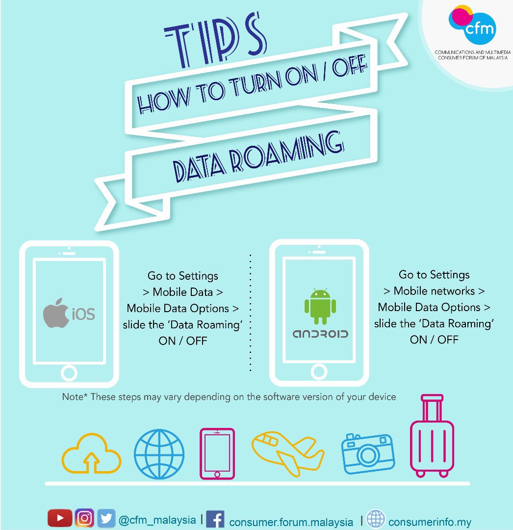 CFM_Malaysia's tweet photo. Before traveling βοΈ, make sure to βTurn Offβ your data roaming.
And, you also can check out the tips at our portal https://t.co/DqKuW1QkVD
#roamingtips
#YourRightsOurPriority
#GetSmarterWithConsumerinfo
#cfmmalaysia https://t.co/CIUiDx9GXX
