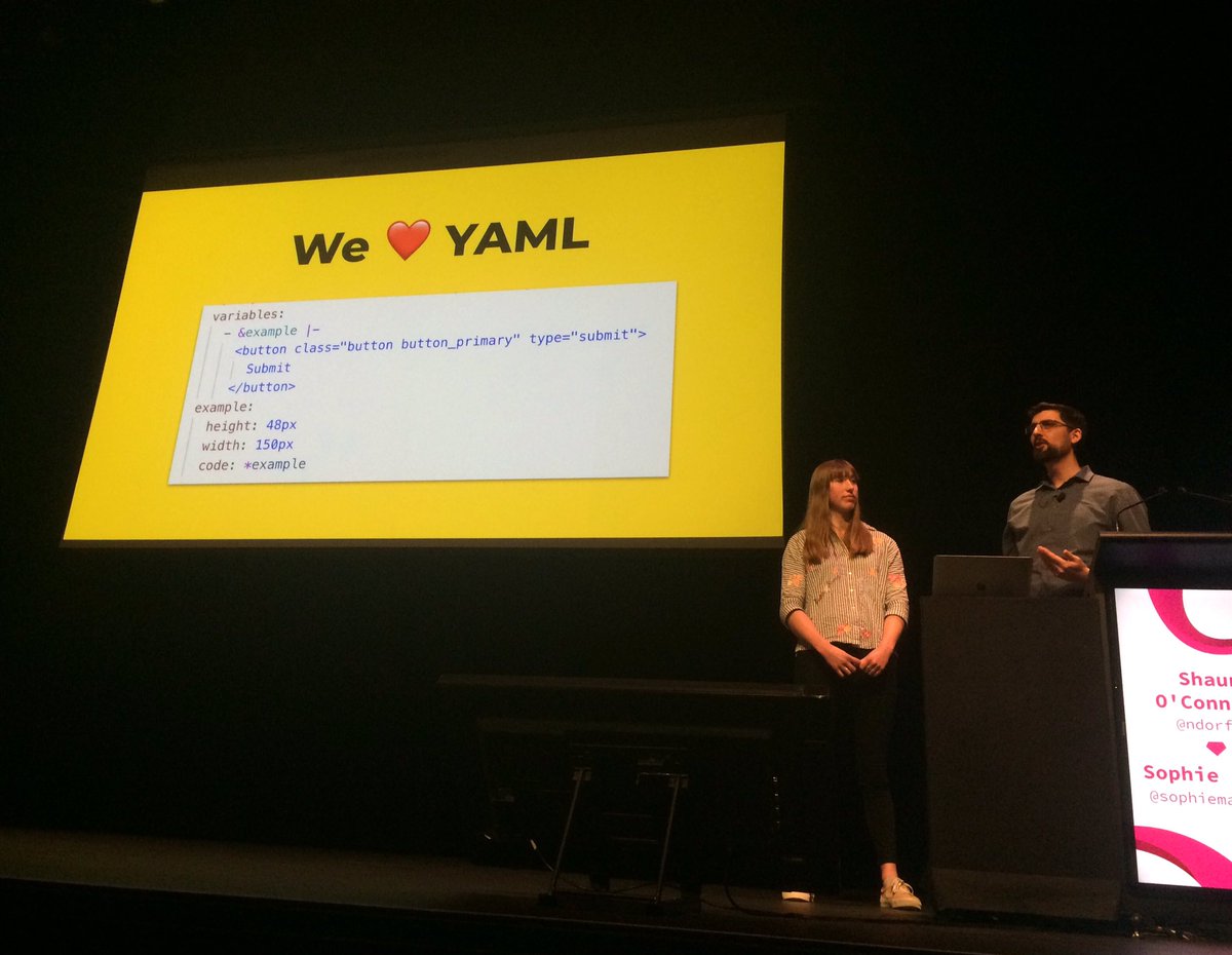 It’s YAML to the rescue! 😄 <a href="/sophiemayprice/">Sophie</a> &amp; <a href="/mdorfin/">Alze.</a> on what they learned in creating their design system, and what abstractions are most useful #kiwiruby