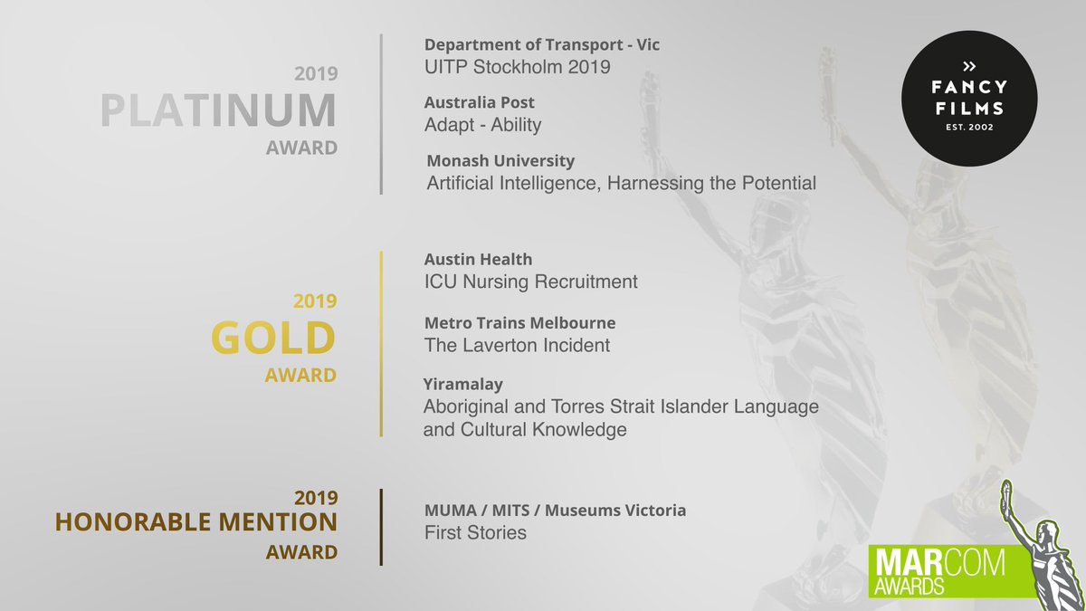 fancyfilms's tweet photo. We have some wonderful news!  7 recent projects have been selected as winners in the 2019 Marcom Awards. 

Thanks to our awesome clients who trust us with beautiful projects as we continue our commitment to produce purpose driven content to support important stories like these. https://t.co/nJY2AnXIup