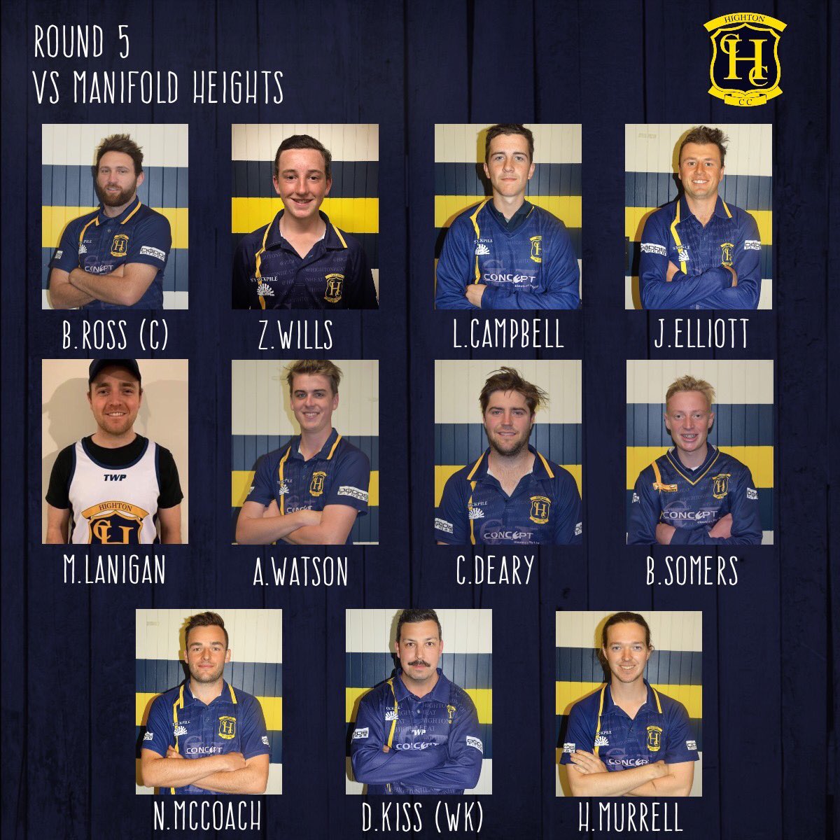 TEAM LINEUP |

Your HCC First XI heading to Manifold Heights for the first two-day game of the season. Off-spinner Matt Lanigan will make his debut in the firsts. Good luck to all sides

ALL SELECTED TEAMS- highton.cricket/post/round-fiv…