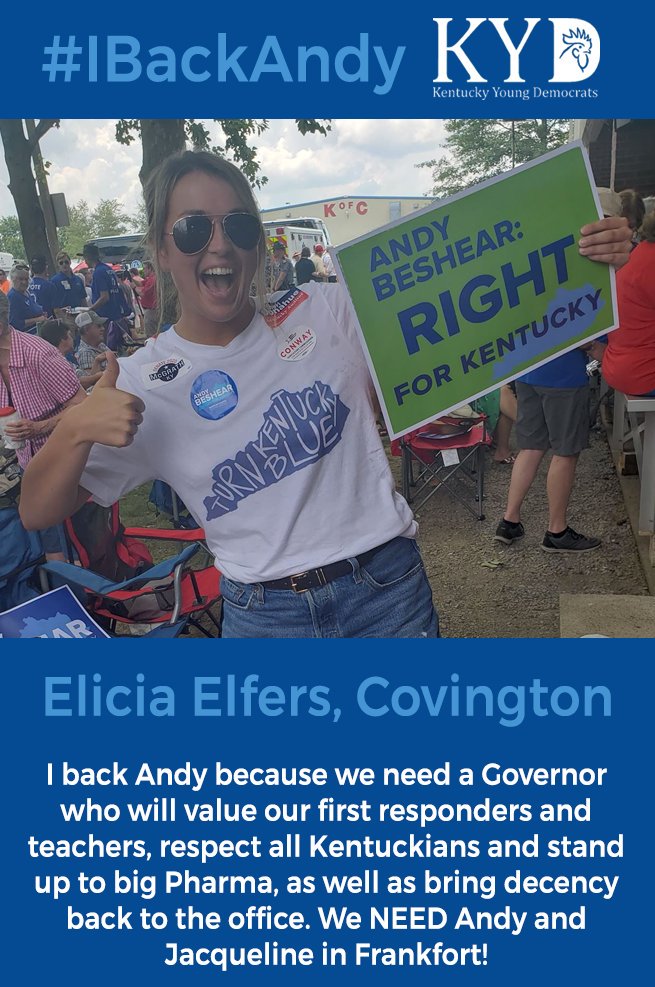 KyYoungDems's tweet photo. "I back Andy because we need a Governor who will value our first responders and teachers, respect all Kentuckians and stand up to big Pharma, as well as bring decency back to the office. We NEED Andy and Jacqueline in Frankfort!" - Elicia Elfers, Covington
#IBackAndy https://t.co/Uucz9MrbFn