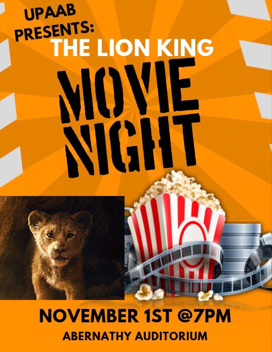 ASU_UPAAB's tweet photo. And the winner of the poll is... The Lion King!!! Make sure you all meet us in Abernathy Auditorium TOMORROW 11/1 at 7 pm for movie night! Hakuna Matata 🦁#myasu https://t.co/MYhTKbPrWa