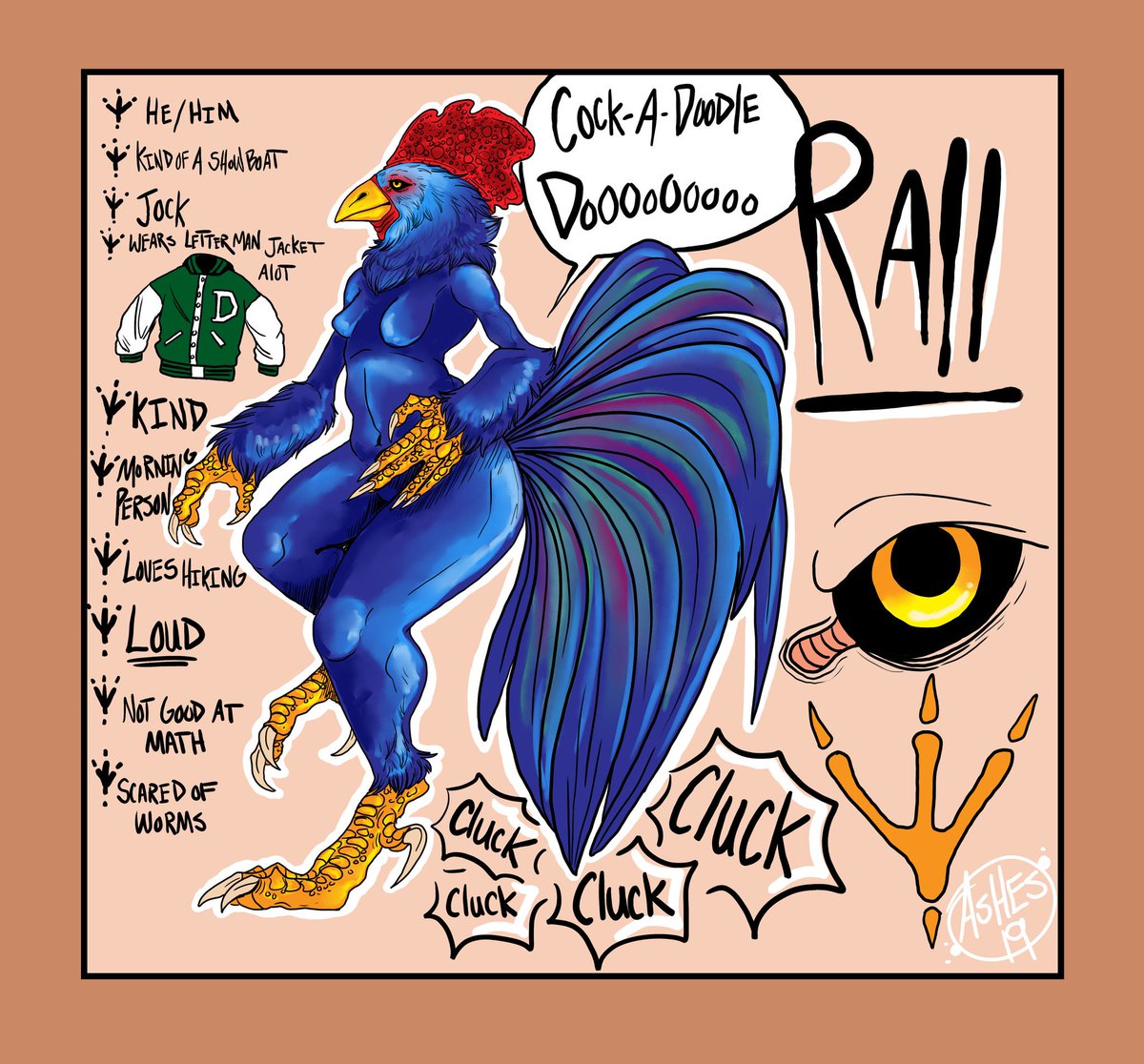 AshesTerrible's tweet photo. Finally made a ref sheet for this big cock. It's about damned time.
#artwork #ashesocs #anthro #fursona #furry #rooster #cock https://t.co/CkzrvFh7Pj