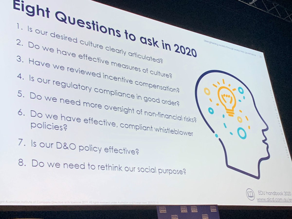 nn88_nicole's tweet photo. If you missed the @AICDirectors Essential Director Update, these are the top 8 questions all directors in Australia should be considering. #edu2019 #governance https://t.co/qXY9O9ral4