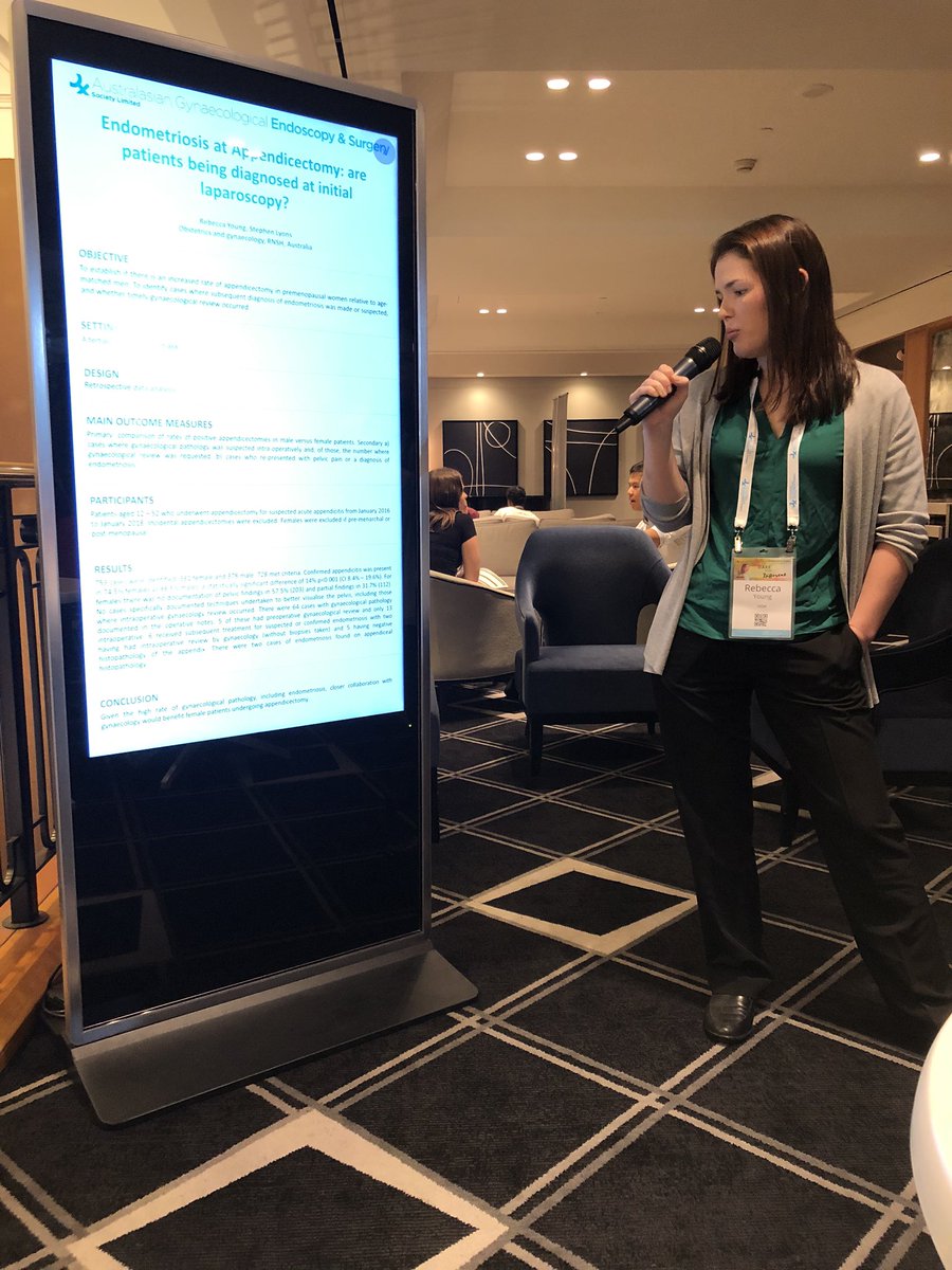 MartinRitossa's tweet photo. Great presentation by Rebecca Young at AGES today.  Women are more likely than men to have a normal laparoscopy at the time of surgery for appendicitis.  Among other things endometriosis is thought to be the cause for their pain. @AGES_Society https://t.co/g56LNMcsSG