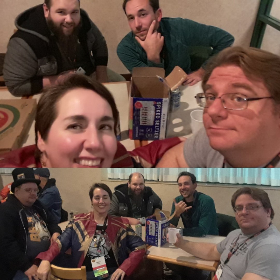 PickUpNGoGames's tweet photo. The PU&amp;GG Team talking games and gaming as we relax from Gamehole Con Day 1.
#pickupandgogames #cryptsandcreatures #ChampionsofShaleria #gaming #roleplayinggame #cardgames #gameholecon #day1 #confriends #gamingisforeveryone #livetheadventure https://t.co/oRzq6XwRq1