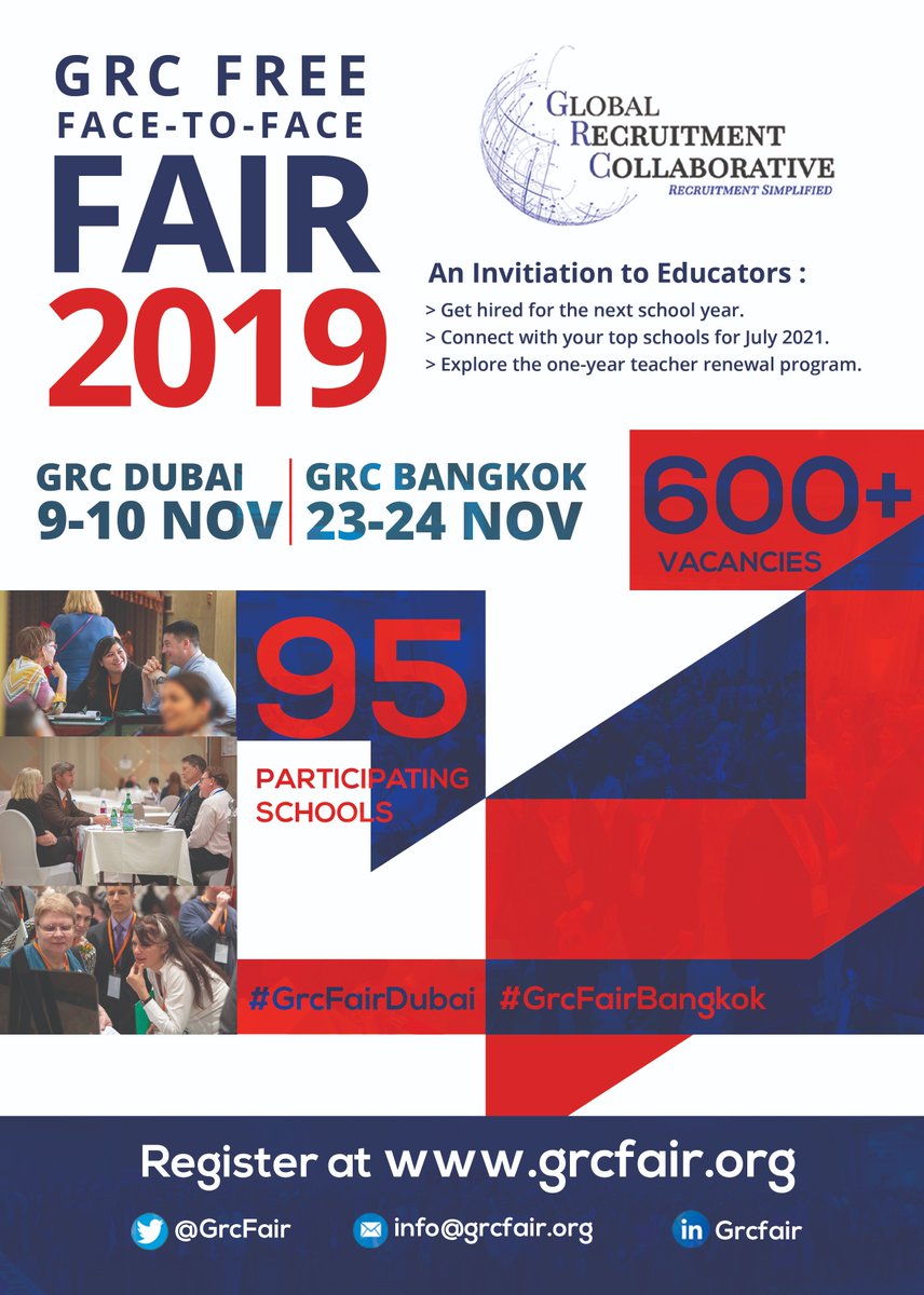 #GRCFair - The Recruitment Fair that meets your needs.

Apply for your next international teaching position using a Simple, Free, and Collaborative platform.

#GRCFairDubai 9-10 November 2019
#GRCFairBangkok 23-24 November 2019
#edchat #edtechchat #teacherjobs #k12 #teachers