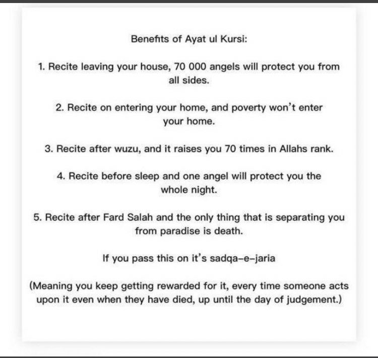 Israabazzi2's tweet photo. Seen it and thought I should share it also. Benefits of ayatul Kursi. https://t.co/WKCAi7EZMW
