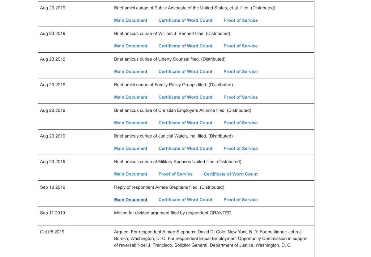 Third case currently before SCOTUR.G. & G.R. Harris Funeral Homes v. EEOCCase No. 18-107Oral arguments also on 10/8/19Docket https://www.supremecourt.gov/search.aspx?filename=/docket/docketfiles/html/public/18-107.htmlLast brief filed: https://www.supremecourt.gov/DocketPDF/18/18-107/115234/20190910112922806_No.%2018%20107%20RG%20and%20GR%20Harris%20Funeral%20Homes%20Inc%20%20v%20Equal%20Employment%20Opportunity%20Commission%20Reply%20Brief%20for%20Respondent%20Aimee%20Stephens.pdf