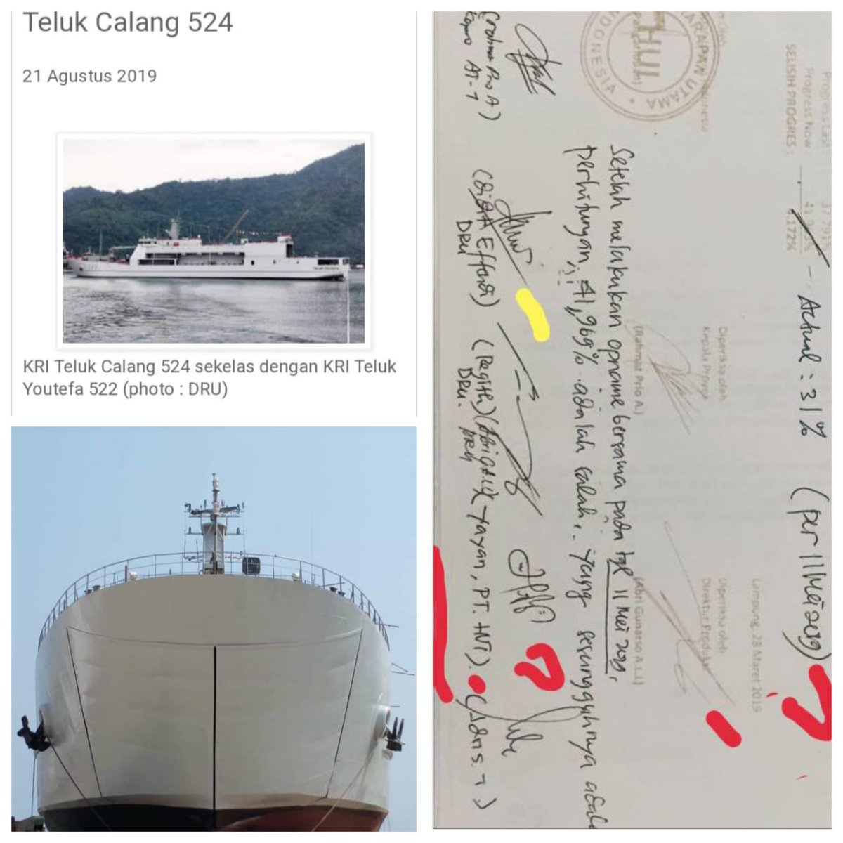 TeguhPunk2's tweet photo. Salah satu Bukti kesewenangan Daya Radar Utama, Penilaian Progress Pembuatan Kapal KM TELUK CALANG 524 Sepihak, karena ingin UNTUNG Besar.

Komitmen thd Harapan Utama Indonesia (sub cont) Tak dipenuhi, MALAH Ancam bawa Petinggi @_TNIAL_ 
Cc:
@jokowi 
@PolhukamRI 
@kemenkomarves https://t.co/aUYmcLRVY0