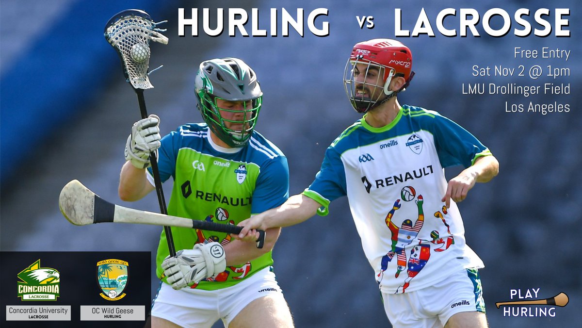 playhurling's tweet photo. This Saturday Nov 2 @ 1pm PST @OCWildGeese take on @cuilax in a Hurling vs Lacrosse match.

Watch as the two fastest field sports go head-to-head in a fast-paced, high action, high adrenaline hybrid match in Los Angeles!

Set a reminder here: https://t.co/o09sAndrT2

#IrelandWeek https://t.co/9V8S4Pg4gK