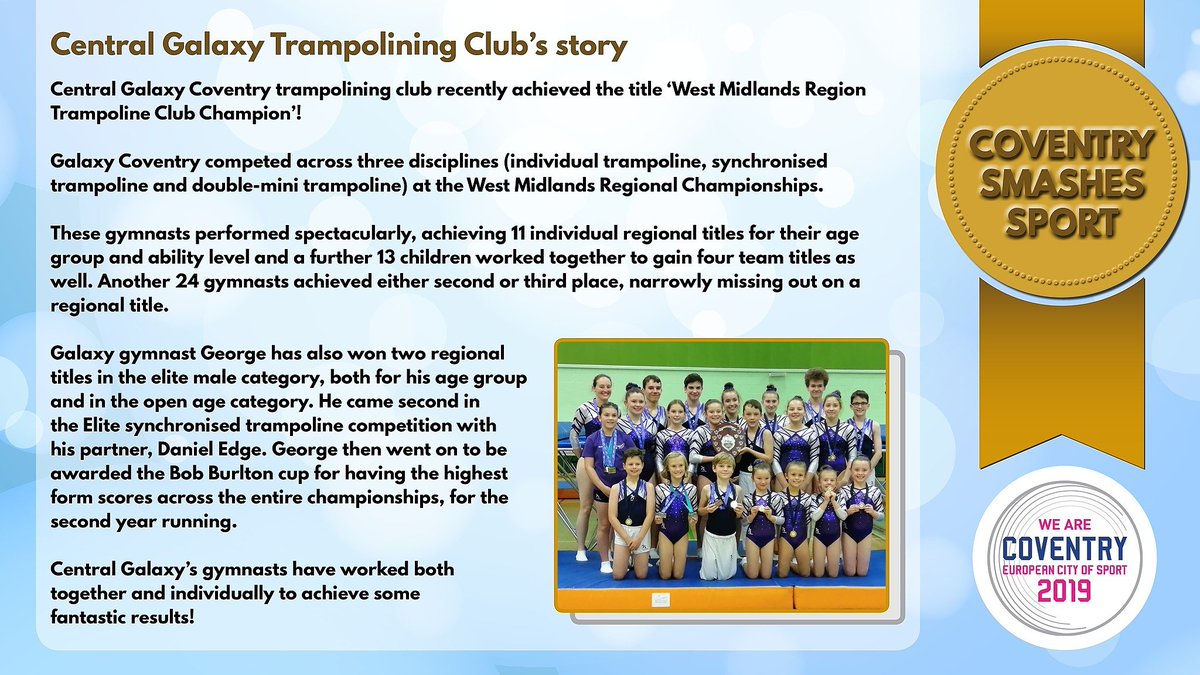 CovSport's tweet photo. Central Galaxy Trampolining Club have made some great achievements recently, including winning a new title! @CentralGalaxyTC #cityofsport #CoventrySmashesSport https://t.co/KosFQHIB63