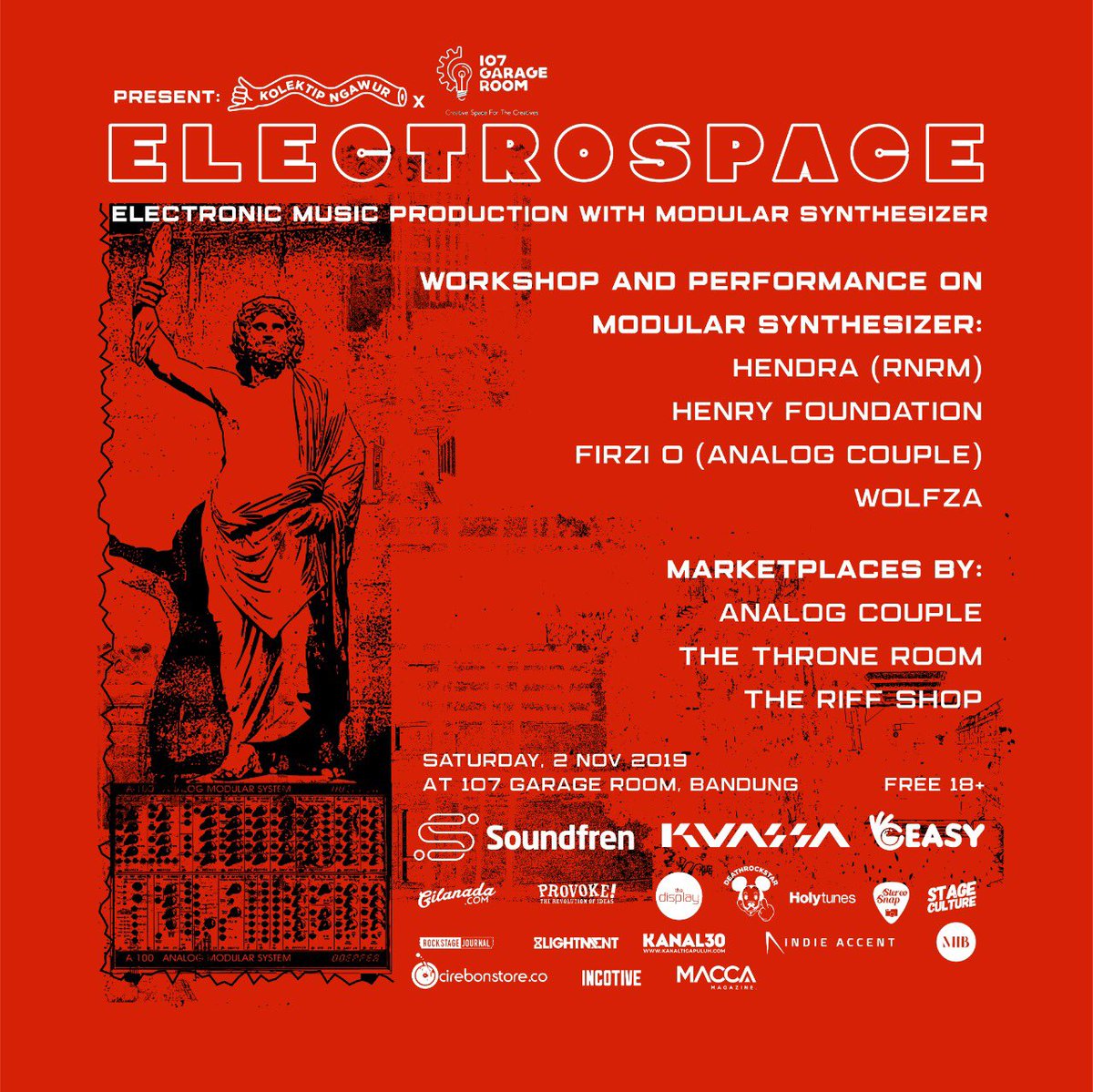 soundfren's tweet photo. Apa itu modular synthesizer? Bagaimana cara memproduksi musik dari alat ini? Mari tanyakan langsung pada ahlinya @henryfoundation @hendrarnrm & @firzio .
Info @kolektipngawur @107garageroom
#kolektipngawur #electrospace
#Soundfren #FindYourFren https://t.co/FhH0WuMV1l