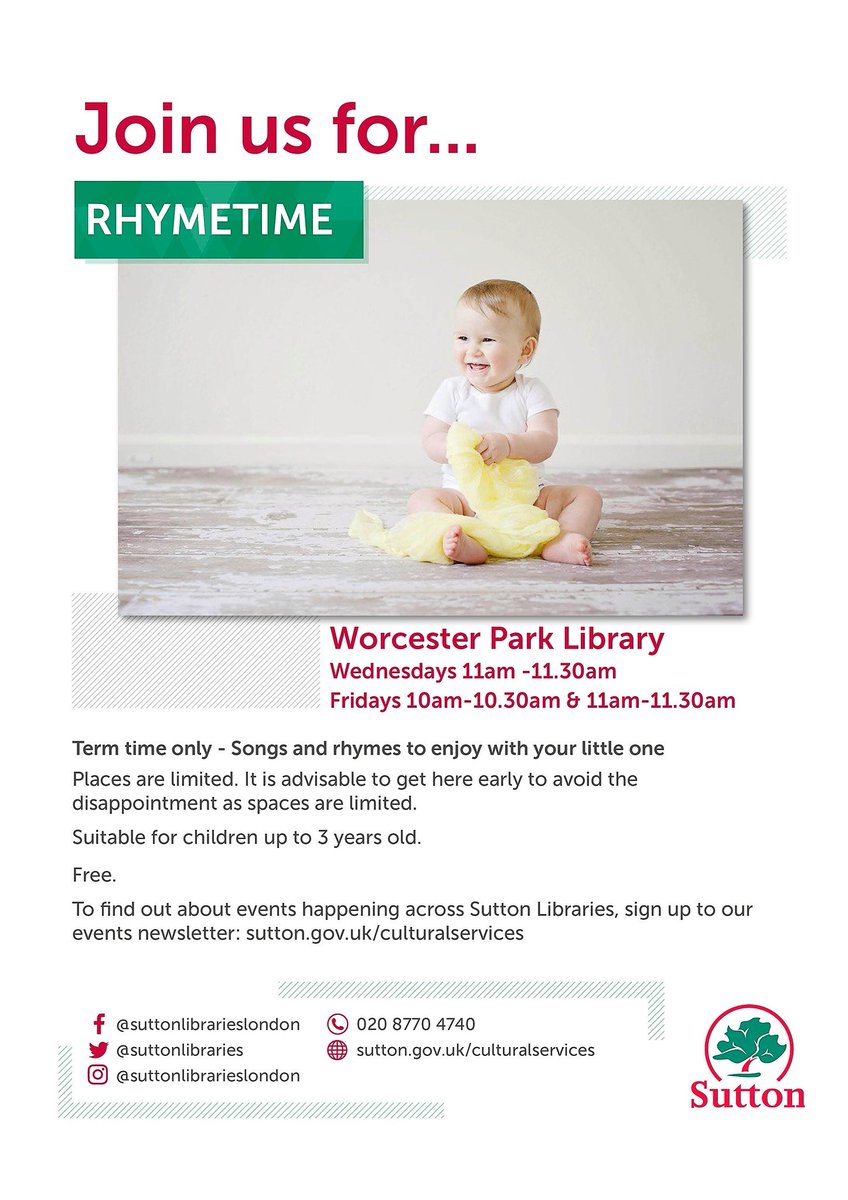 Sutton Libraries (@suttonlibraries) on Twitter photo Come on down to Worcester Park Library for Rhymetime!
Wednesday-11am-11:30am
Fridays-10:00am-10:30am & 11:00am-11:30am
Suitable for ages 0-3 years old!
#Rhyme #WorcesterPark <a href="/worcesterpark/">Worcester Park</a> @worcesterpark_i Come on down to Worcester Park Library for Rhymetime!
Wednesday-11am-11:30am
Fridays-10:00am-10:30am & 11:00am-11:30am
Suitable for ages 0-3 years old!
#Rhyme #WorcesterPark <a href="/worcesterpark/">Worcester Park</a> @worcesterpark_i