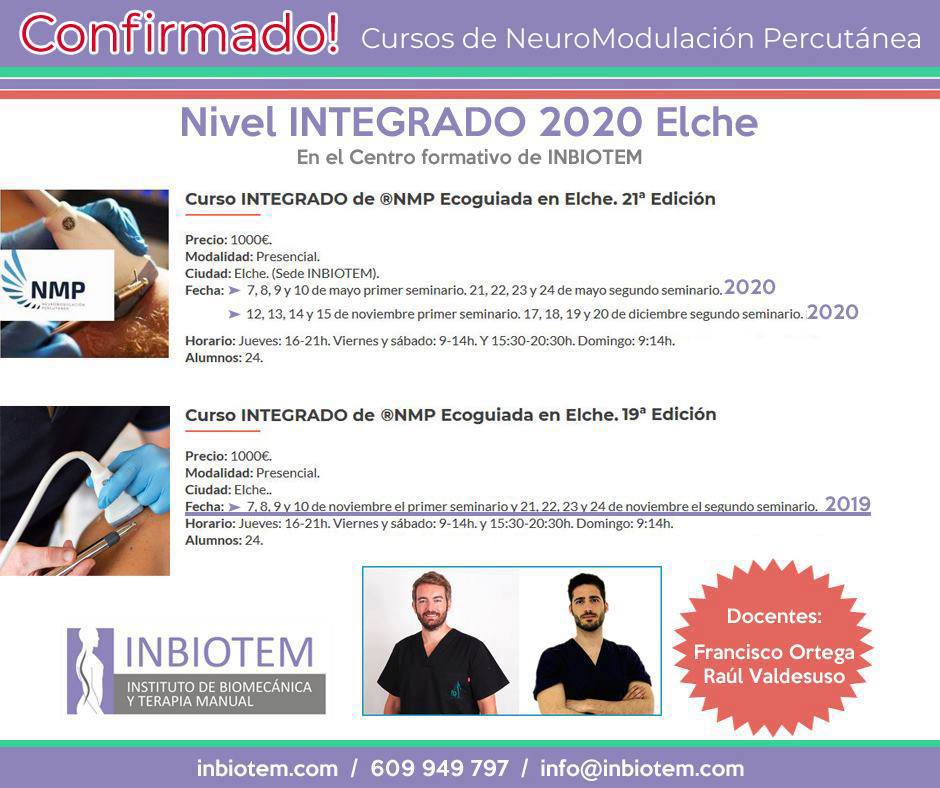 Confirmados Cursos de #NMP #neuromodulaciónpercutánea nivel INTEGRADO en Elche 2019/2020. Docentes Fco. Javier Ortega y Raúl Valdesuso.

Toda la info aquí: inbiotem.com/?s=curso+integ…

inbiotem.com