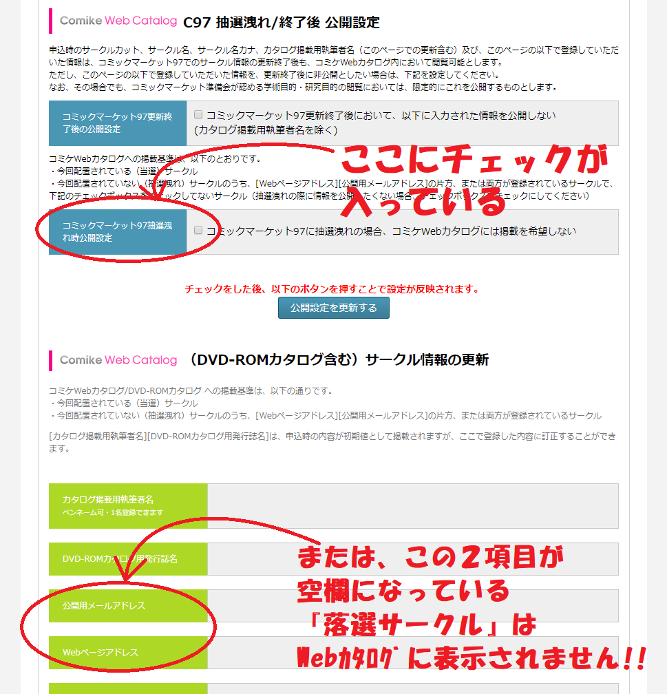Circle Ms On Twitter 設定は 下記urlよりご確認いただけます Webカタログサークル側 Https T Co Isogrxkjok 確認手順 入力を進める ボタンから 設定を確認したいサークルを選択し Webカタログ Dvd Romカタログの登録情報を編集する を選択してください