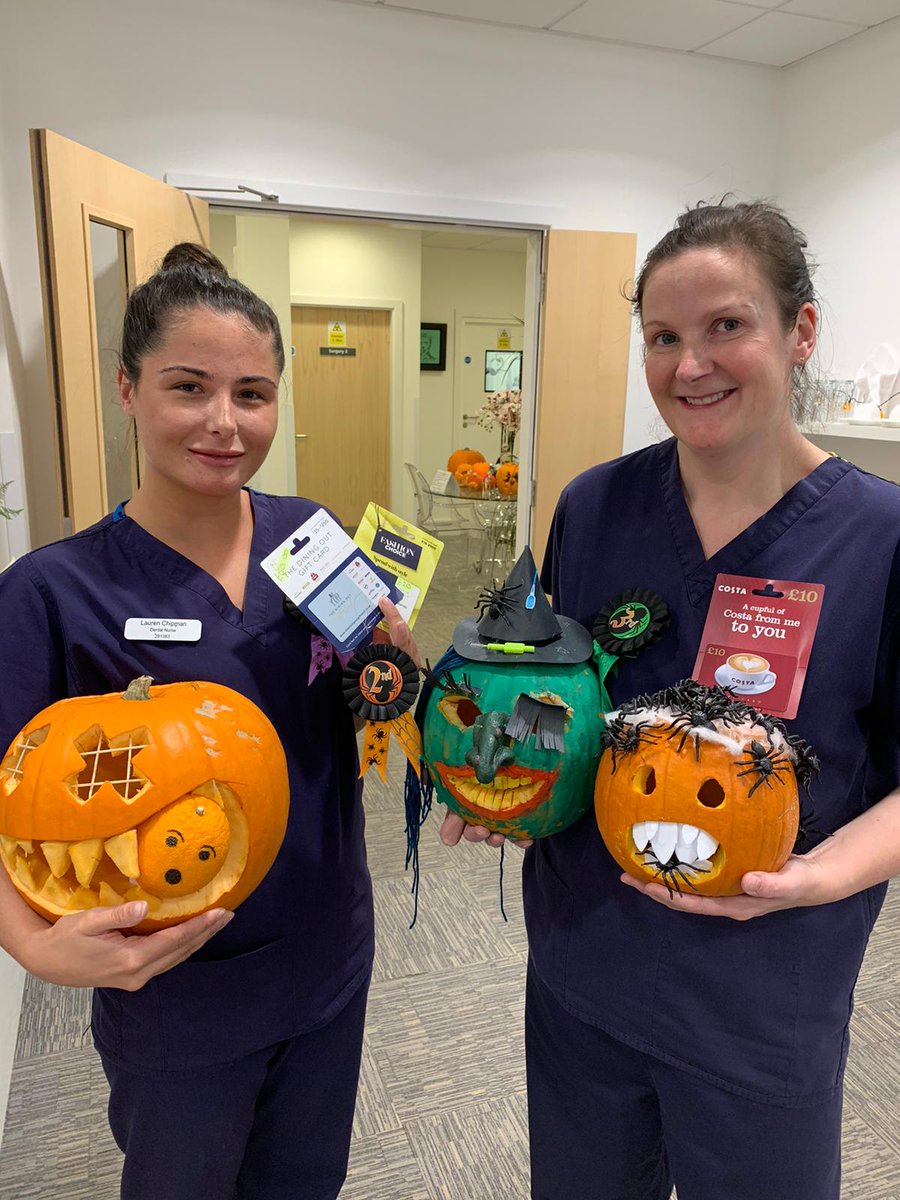 CEAdvancedDent's tweet photo. Great effort by the team yesterday for our annual pumpkin carving competition! 

Well done to Lauren Chipman, Victoria Richards-Carter and Fiona on 1st, 2nd and 3rd place! Also congrats to M.Adams on winning the Oral B Electric Toothbrush. Thanks for voting everyone! https://t.co/wF6p2nnhZk