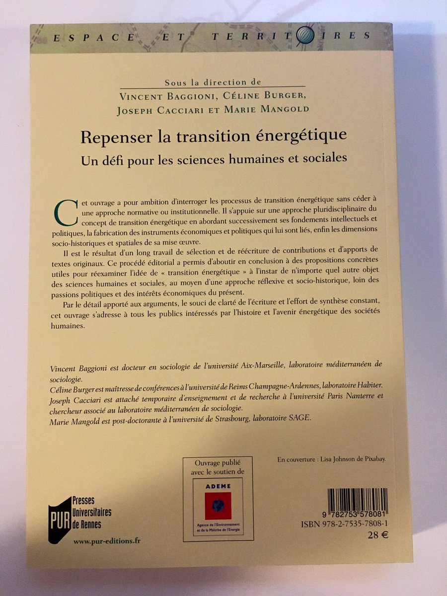 BURGER__CELINE's tweet image. Publication imminente ! « Repenser la #transitionenergetique » sortira le 7/11, publié aux éditions PUR avec le soutien de l’@ademe ! Ravie de voir ce projet concrétisé. @urbareims @MSH_URCA @universitereims